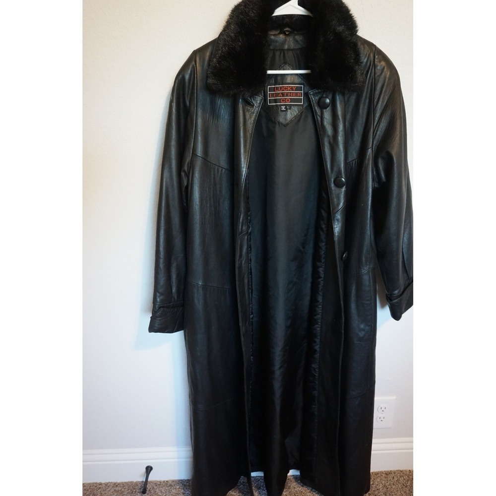Lucky Leather Co. Large Genuine Leather Trench Coat with Removable Fur Collar
